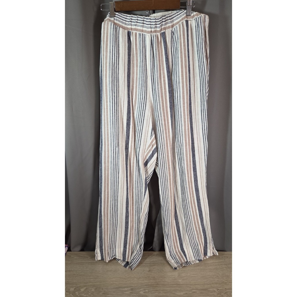 Jones & Co Women's Linen Blend Blue Brown Striped Pull on Pants 1X Summer Beachy